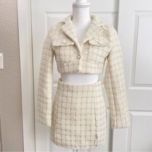 Creme beige plaid tweed cropped blazer and skirt set